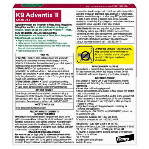 K9 Advantix II Small Dog Flea, Tick & Mosquito Treatment & Prevention (4-10 lbs. | 1-Mo Supply)